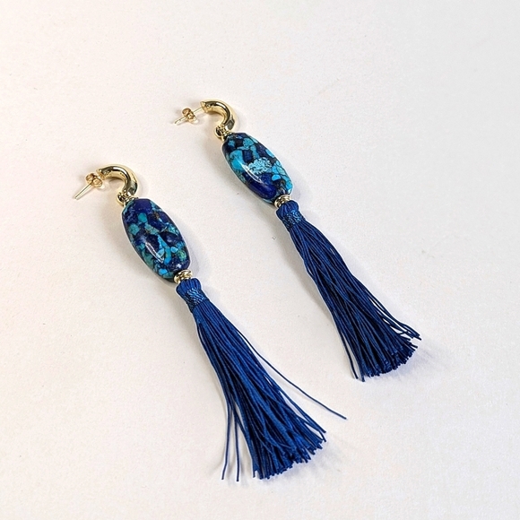 Kendra Scott Insley Statement Drop Earrings Blue Bronze Lapis Blue Tibetan Cord - Picture 3 of 7